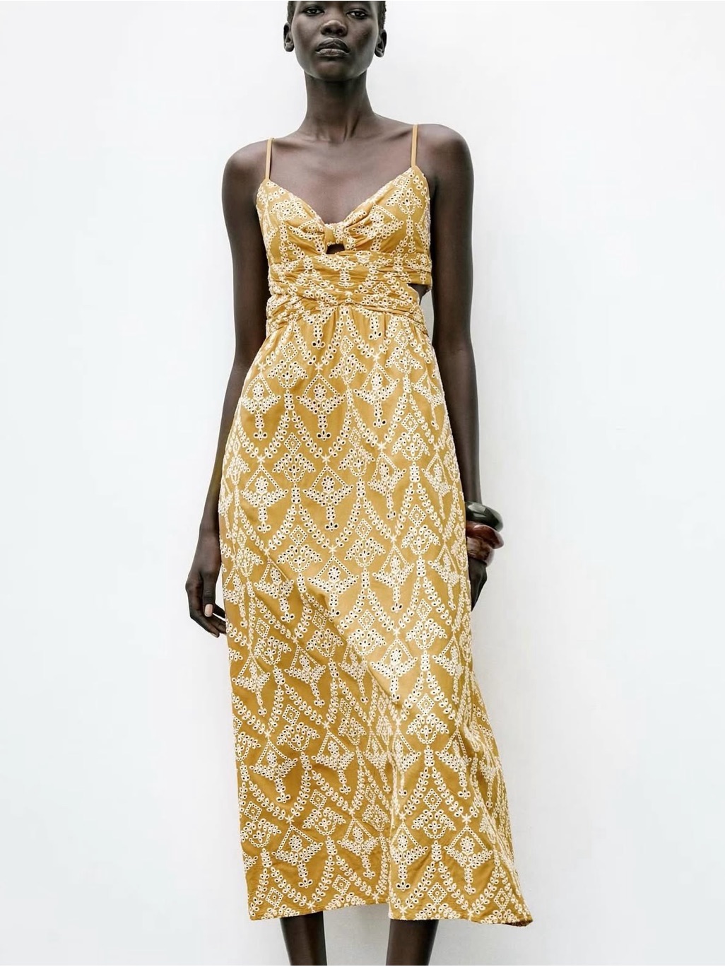 Nwt Zara Mustard Yellow Eyelet Cutout Maxi Dress